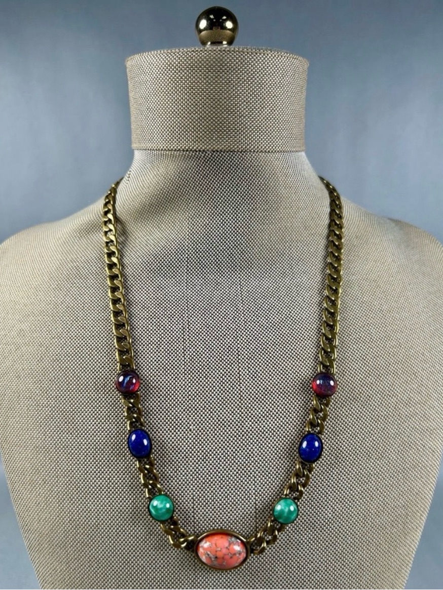 Sorrelli Multicolor Natural Stone & Bead Necklace | Brushed Brass Chain | Euc